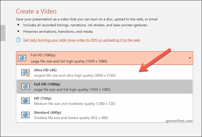 Bestemmelse af kvaliteten af ​​eksporterede videoer i PowerPoint