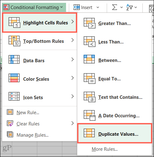 Fremhæv Cellregler, duplikatværdier i Excel