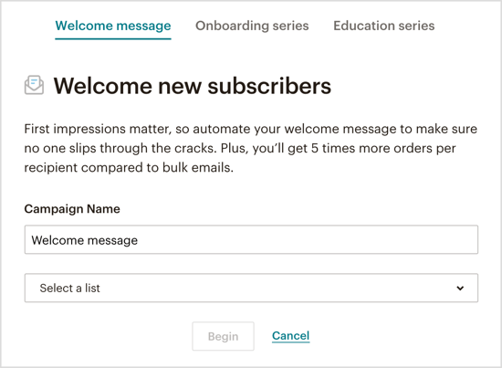 Vælg hvilken type automatiseret velkomst-e-mail, du vil sende via din Messenger-bot. 
