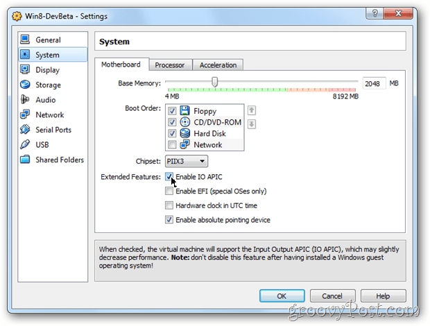 VirtualBox-systemkortets konfigurationsopsætning aktiverer io apic windows 8