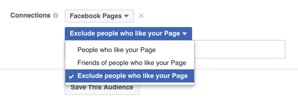 mulighed for målretning af facebook-annoncer for at ekskludere personer, der allerede kan lide en side