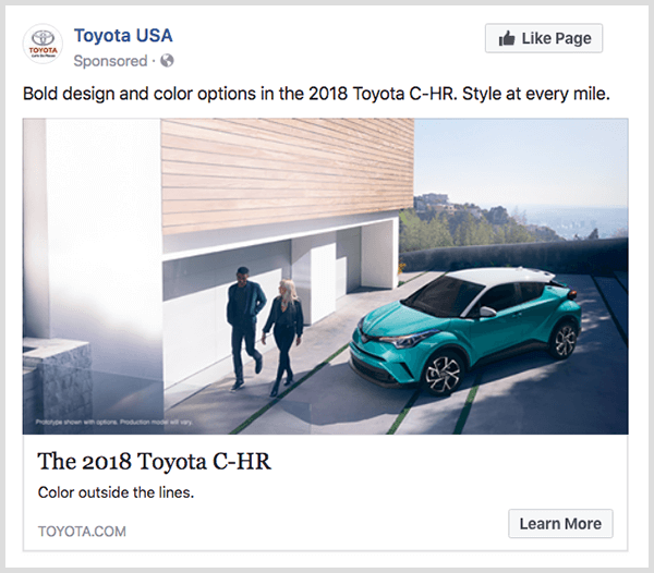 Facebook-engagementannonce fra Toyota har turkis Toyota C-HR og har en Lær mere-knap.