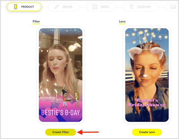 Klik på Opret filter for at oprette et Snapchat-geofilter til din begivenhed.