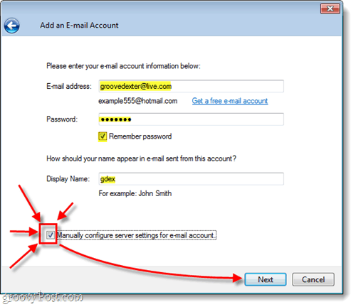 manuelt konfigurerer din hotmail i Windows Live Mail