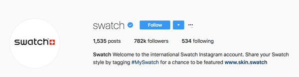 Swatch beder brugerne om at tagge deres indlæg med #MySwatch for at få en chance for at blive vist på deres Instagram-konto.