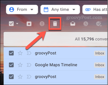 Ikonet til at slette e-mails i Gmail