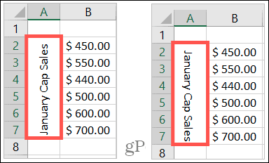 Roteret tekst op og ned i Excel
