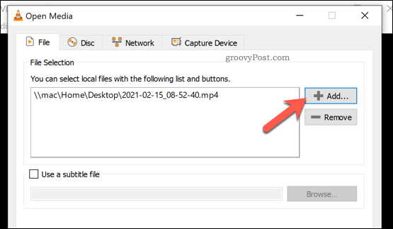 Tilføjelse af en fil, der skal konverteres i VLC på Windows