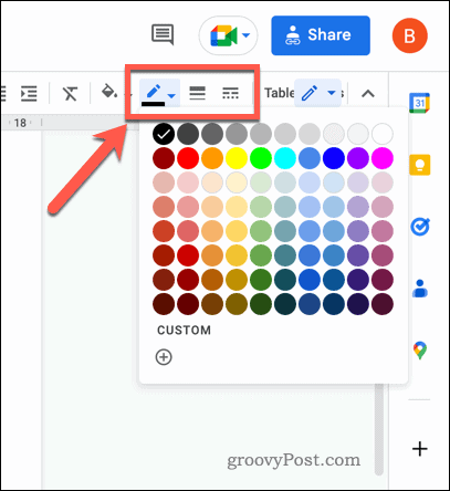 Ikoner på værktøjslinjen i Google Docs-tabeller