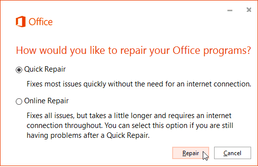 Office 365 Online Reparation