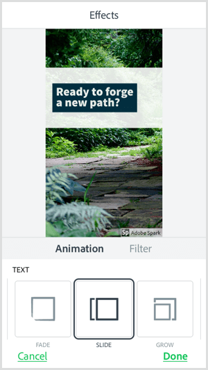 Vælg en tekstanimationsindstilling med Adobe Spark Post-mobilappen.