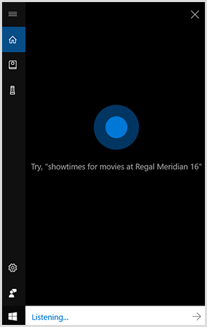 Cortana, Windows konversationsgrænseflade, er en sort lodret boks med en blå prik i midten. Et hvidt felt i bunden angiver, at en Windows-enhed lytter.