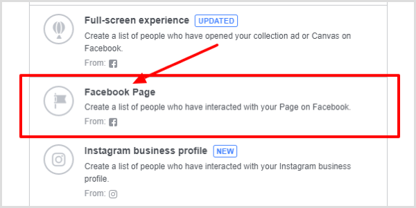 Vælg Facebook-side som engagementstype.
