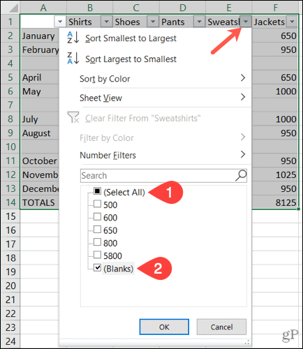 Filtrer tomme rækker i Excel