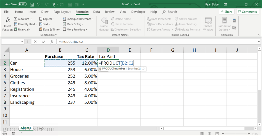 ved hjælp af produktfunktionen i Excel