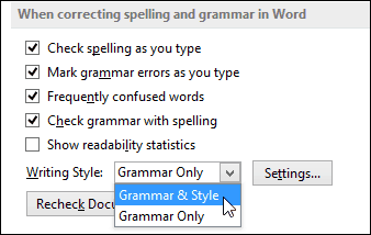 Word 2013 konfigurerer grammatik og dropdown-stil