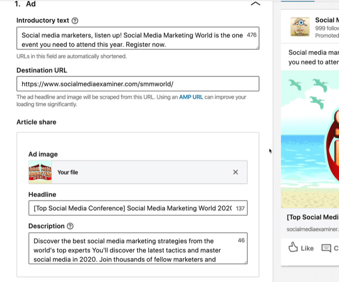 skærmbillede af introduktionstekst, destinations-URL, overskrift og beskrivelsesfelter til LinkedIn-annonce