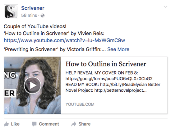 Scrivener deler en YouTube-video, som brugerne måske kan lide på sin Facebook-side.