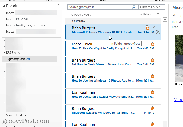 RSS-feeds-mappe i Outlook