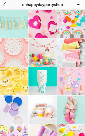 Sådan forbedres dine instagram-fotos, Instagram-feed-temaeksempel fra Oh Happy Day Party Shop, der viser en lys farvepalet