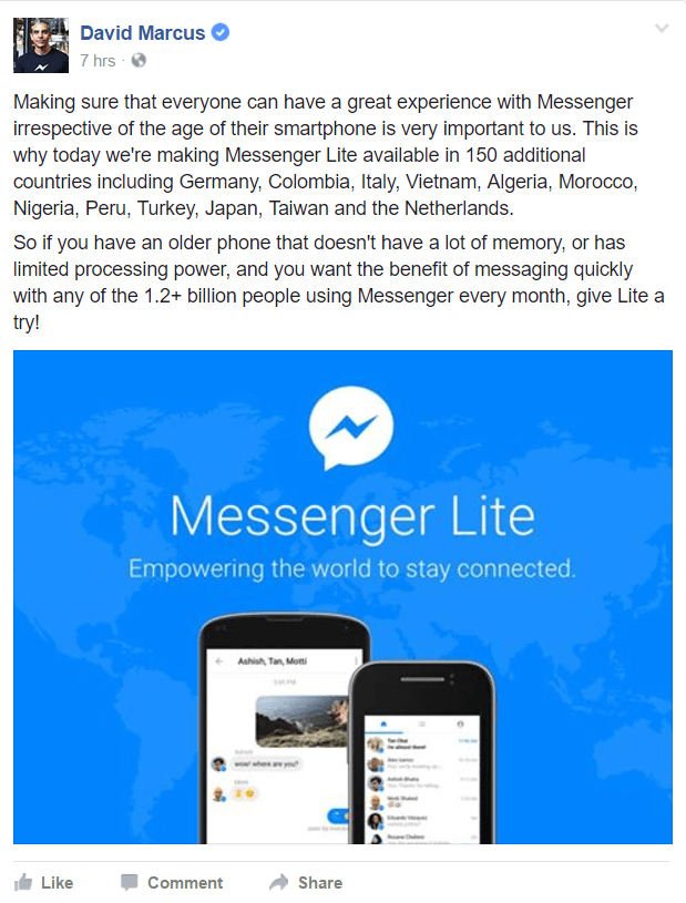 Facebook Messenger Lite er nu tilgængelig i flere lande rundt om i verden.