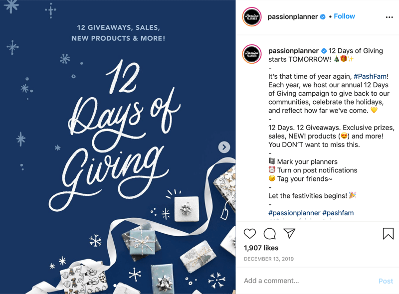 eksempel på en instagram-giveaway-konkurrence i de 12 dage, der gives fra @passionplanner, der meddeler, at giveawayen begynder den næste dag