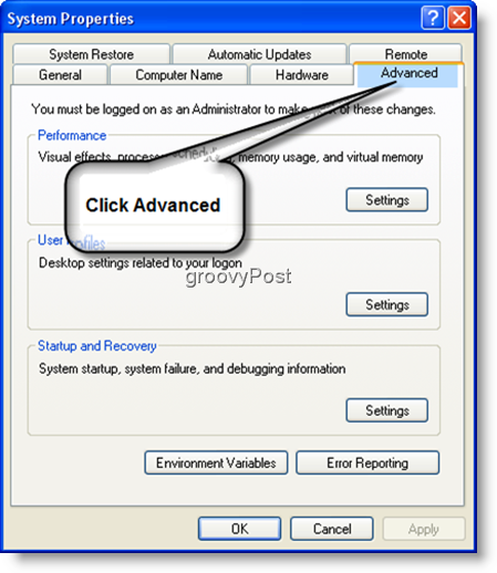 Systemegenskaber Avancerede indstillinger Windows XP