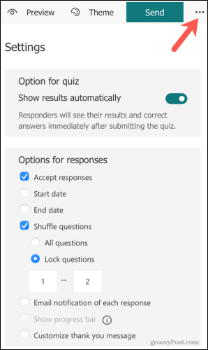 Math Quiz -indstillinger i Microsoft Forms