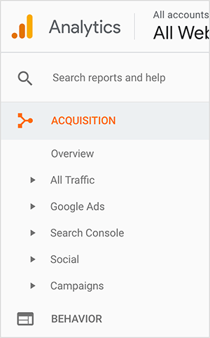 Dette er et screenshot af Google Analytics sidebjælke. Logoet vises øverst til venstre. Det er en orange prik ved siden af ​​en orange søjle og derefter en højere gul søjle, hvilket antyder et søjlediagram. Fra top til bund i sidepanelet er følgende muligheder: et felt mærket "Søg i rapporter og hjælp", Anskaffelse (som vises i orange) og dets underoptioner. Underoptionerne er oversigt, al trafik, Google Ads, Search Console, social og kampagner. En lille trekant vises ved siden af ​​hver underoption, hvilket antyder, at du kan se yderligere muligheder ved at klikke på trekanten. Den sidst viste indstilling på hovedniveau er Adfærd. Jennifer Priest bruger Google Analytics til at se, hvilke stifter der sender hende mest trafik og evaluere, hvilke hashtags, billeder og tavler, der fungerer godt for hendes websitetrafik.