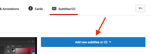 Åbn din YouTube-video i Video Creator, og klik på Tilføj nye undertekster eller CC.
