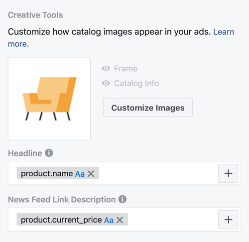 Brug Facebook Event Setup Tool, trin 30, menupunkter til at tilpasse, hvordan katalogbilleder vises i Facebook-annoncer