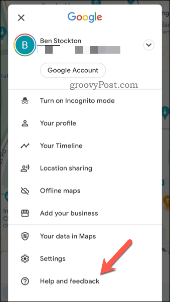 Åbn feedbackmenuen i Google Maps