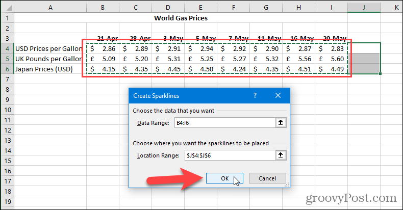 Opret Sparklines-dialog i Excel