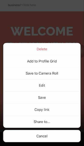 skærmbillede af instagram-rulledeling i menuindstillinger, der giver mulighed for at dele til deres profil, kamerarulle, kopiere link eller dele til ...