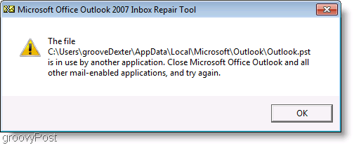 Skærmbillede - Outlook 2007 ScanPST Reparationsmeddelelsesvindue
