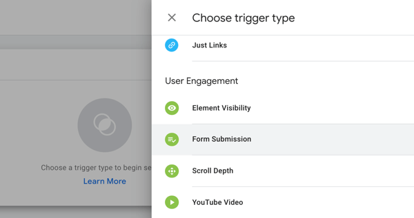 Brug Google Tag Manager med Facebook, trin 19, menuindstillinger for at vælge udløsertype i Google Tag Manager