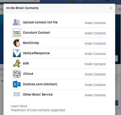 facebook side e-mail kontakt import funktion