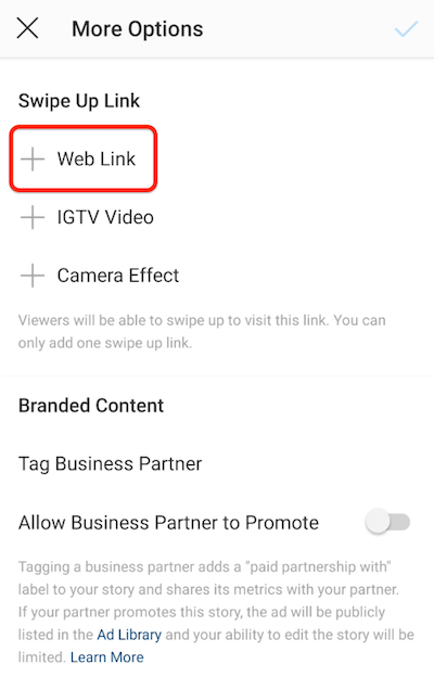 instagram-menuindstillinger for at tilføje et stryg-op-link med weblink-indstilling fremhævet