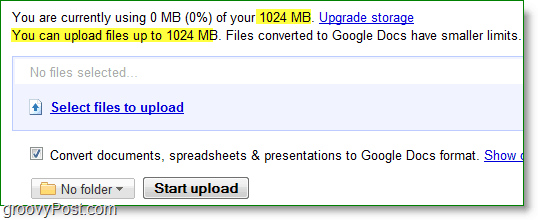 google docs nye upload noget grænse er 1024mb eller 1GB