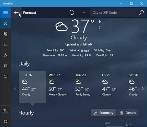 Windows 10 vejr-app-prognose