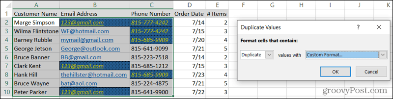 Brugerdefinerede formaterede duplikater i Excel