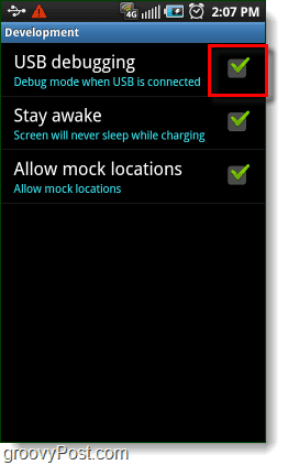Android USB-fejlsøgning, hold dig vågen, og tillad spot placeringer