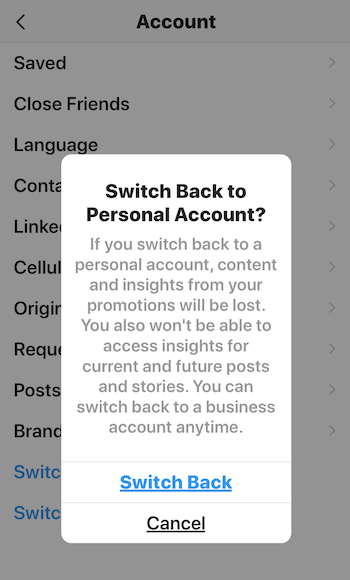 Skift tilbage til personlig konto? advarselsmeddelelse til Instagram