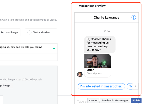 Sådan målrettes du mod varme kundeemner med Facebook Messenger-annoncer, trin 14, forhåndsvisning af brugerdefineret messenger-destination
