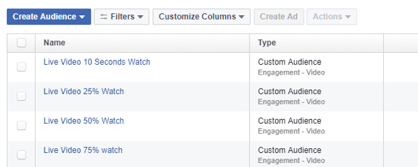 I Facebook Ads Manager skal du bruge målgruppeværktøjet til at definere et målretningsmålgruppe baseret på visninger af Facebook Live-videoer.