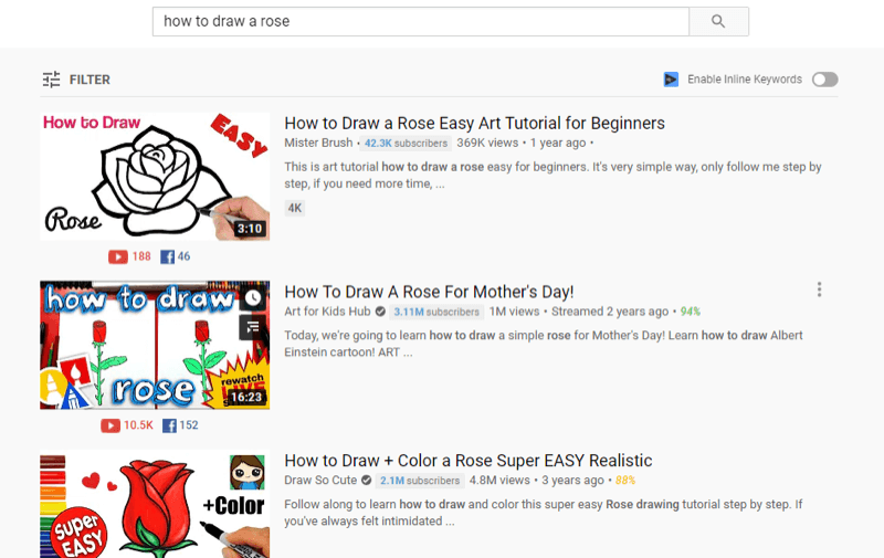 eksempel på top youtube-video i youtube-søgeresultater til 'hvordan man tegner en rose'