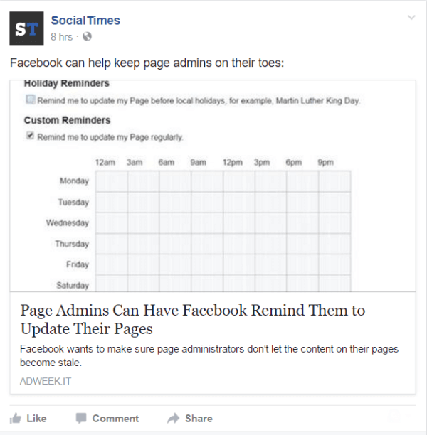 Facebook tilføjer evnen til at indstille påmindelser til sideadministratorer.