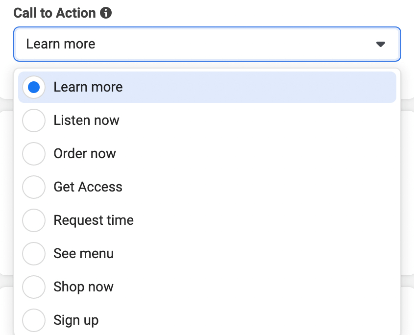 billede af Call to Action-knappens muligheder i Meta Ads Manager