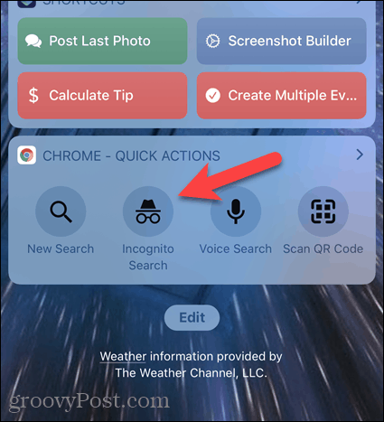 Tryk på Inkognito-søgning på Chrome-widget på iOS