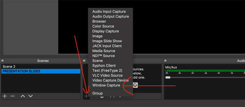 vælg Window Capture option i OBS Studio